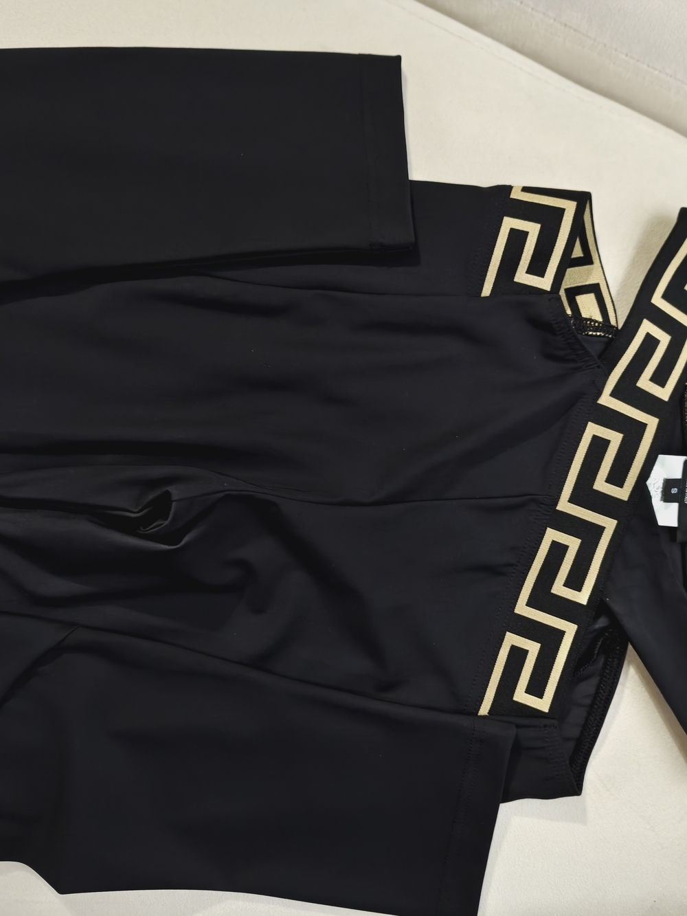Authentic Black VERSACE Women's Pants with Top Gold Geometric Waistband